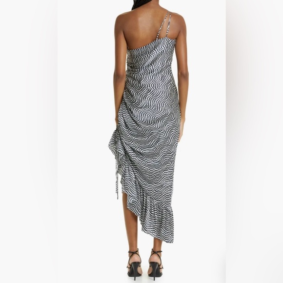 Cinq A Sept One Shoulder Asymmetric Ruffle Hem Silk Dress Size 2 Navy/Ivory NWT - Picture 2 of 12